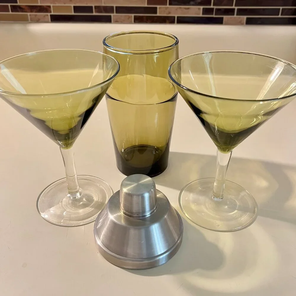 Vintage West Elm - Green Martini Set - 2 Glasses and Shaker - Never used